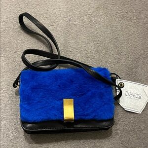 NWT iiiBeCa Blue and Black Shearling Mini Bag with Gold Clasp